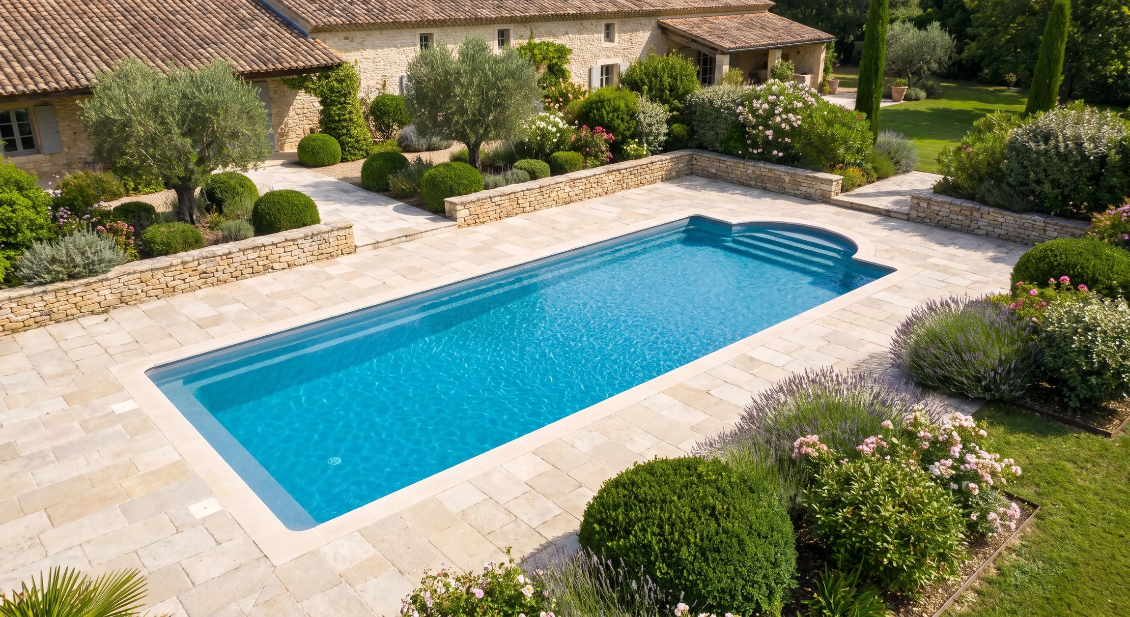 Vue aérienne ou perspective d'un jardin paysager luxueux d'une résidence privée, featuring une piscine à coque bleue intégrée dans un espace terrasse dallée en pierre naturelle, avec une margelle en céramique épurée, entourée de zones paysagées avec végétation d'ornement et éléments de maçonnerie paysagère (murets, dallage géométrique). La scène doit montrer l'harmonie entre les éléments eau, aménagements maçonnés et paysagers, représentative d'un projet clé en main complet de paysagisme-piscinisme.