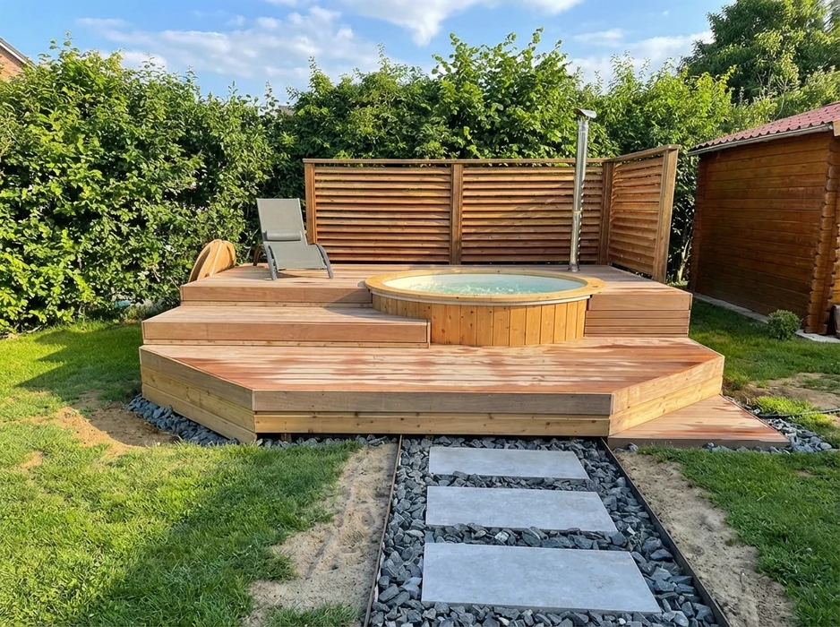 Terrasse extérieure en bois de cèdre rouge, design octogonal à deux niveaux, intégrant un bain nordique rond en bois chauffé au feu (poêle à bois avec cheminée inox)