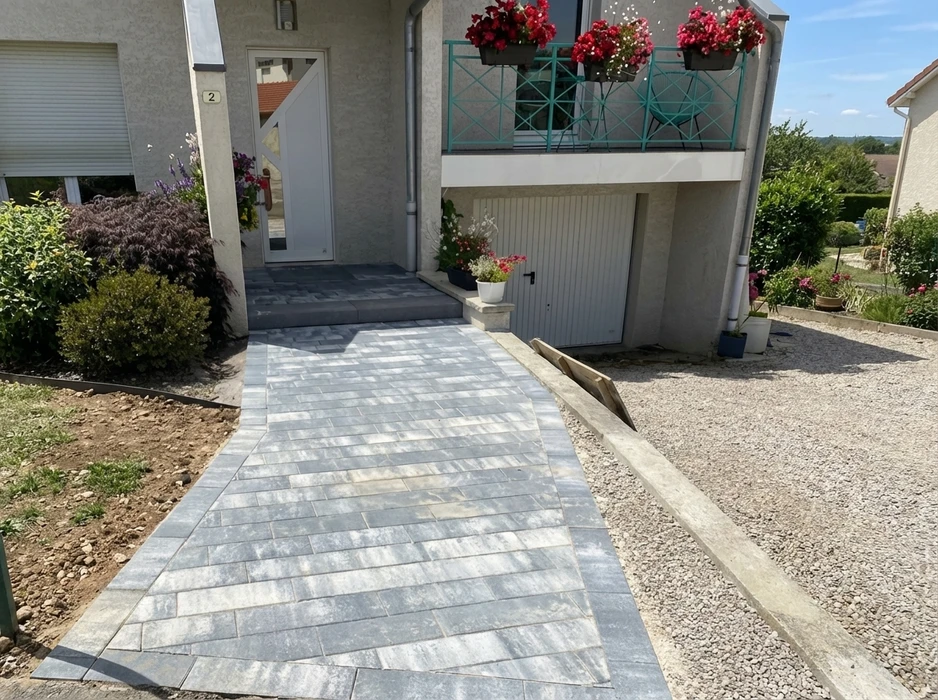 Allée piétonne nouvellement posée menant à l'entrée d'une maison individuelle