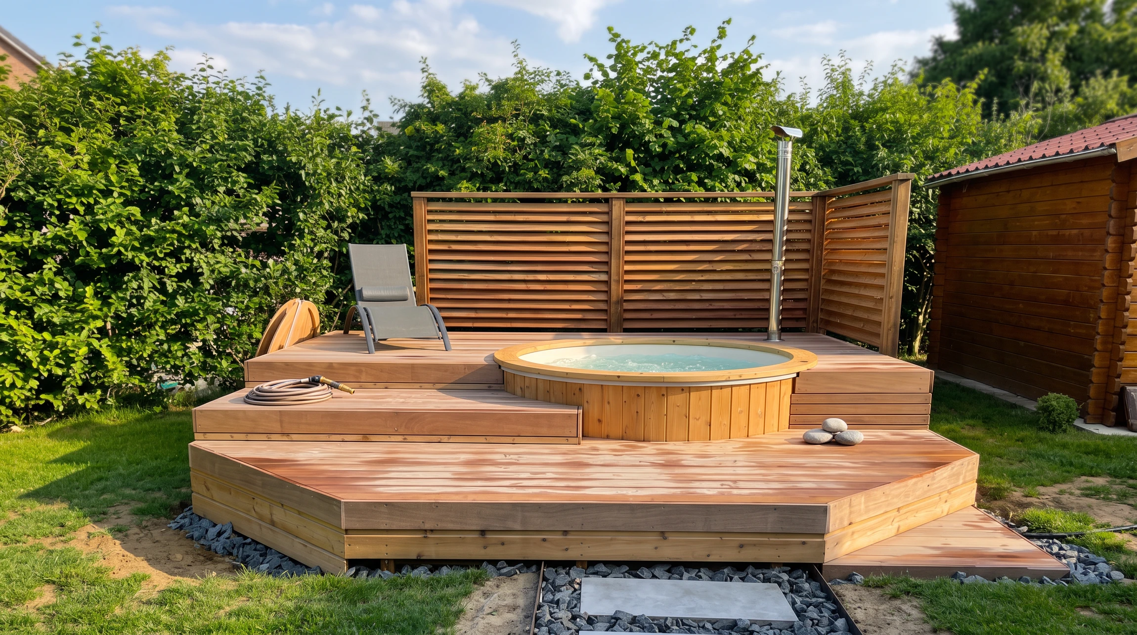 Piscine rectangulaire enterrée dans un jardin résidentiel, entourée d'une plage en dallage grès cérame imitation bois et d'un lé en bois exotique