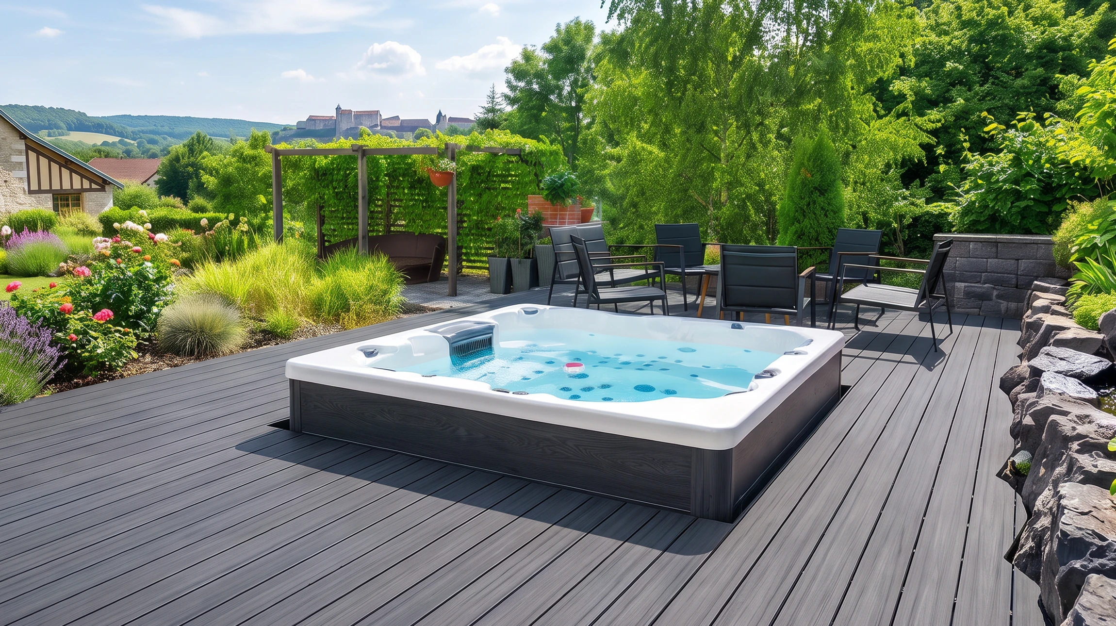 Spa extérieur en fonctionnement sur terrasse bois enneigée, eau turquoise bouillonnante avec jets actifs